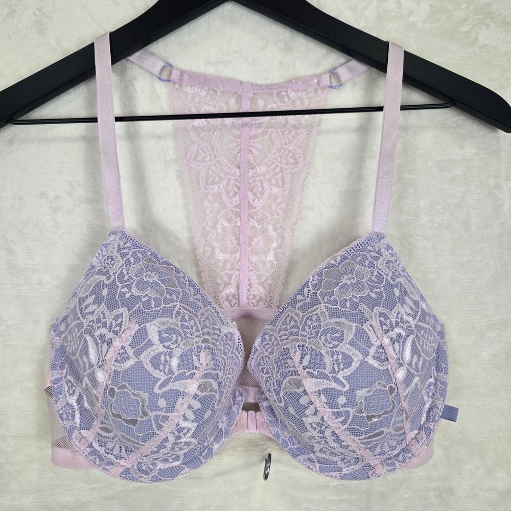 Victorias Secret Lined Demi Bra 34D Lavender Pink Lace Front Close Racerback U/W